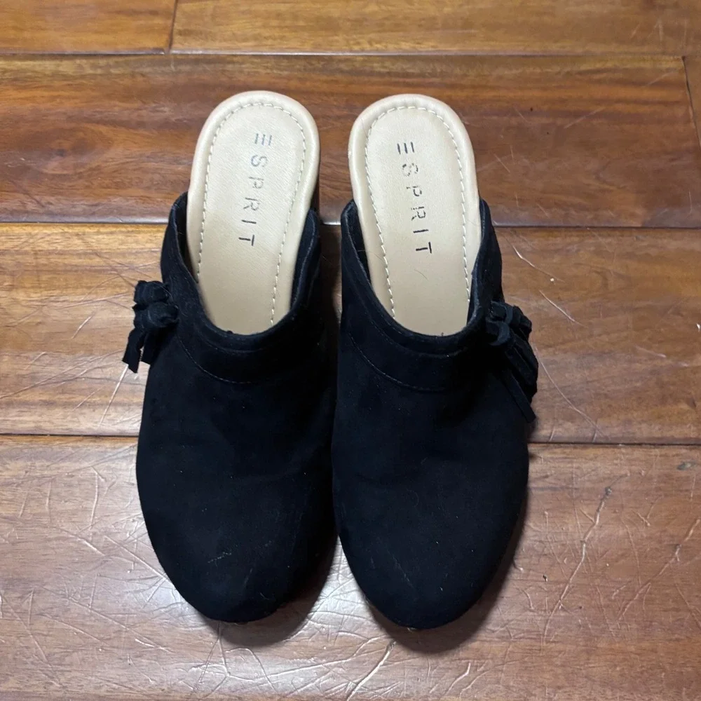 Vtg ESPRIT Black Suede Tassel Mules | Boho Block Heel Clogs|Western| Size8 - Picture 2 of 6